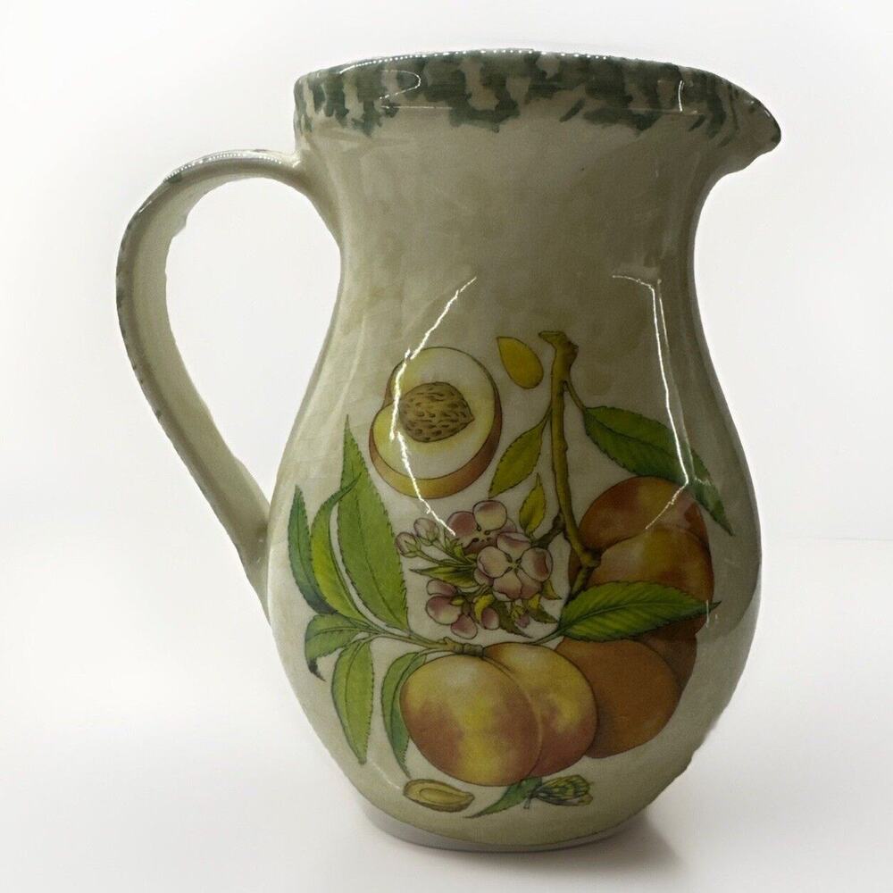 VTG Himark Italy Large Ceramic Hand Painted Peaches & Fruit 8” 56oz Pitcher EUC